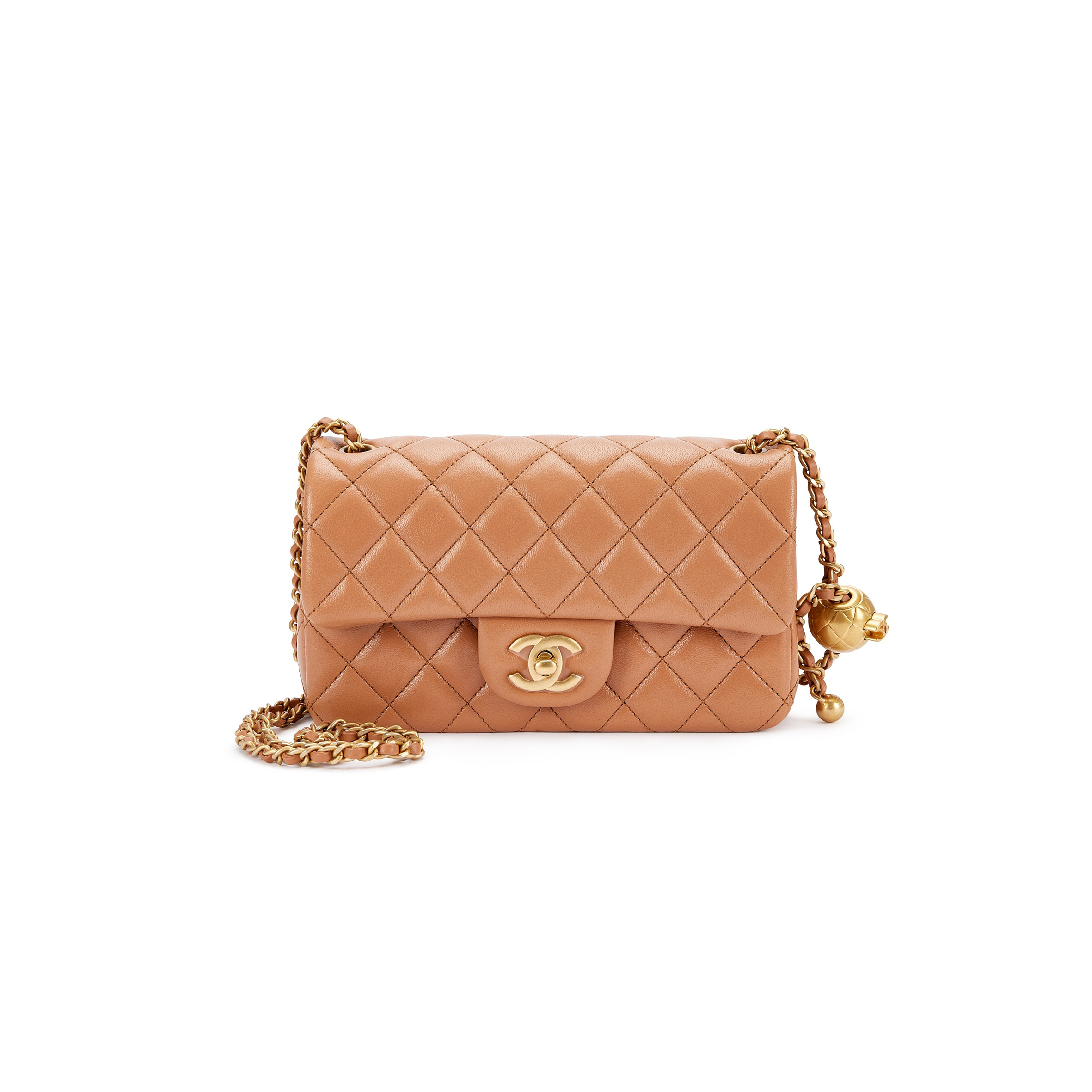 CHANEL CARAMEL BROWN QUILTED LAMBSKIN MINI PEARL CRUSH FLAP BAG AGED GOLD HARDWARE AS1787 (20*13*7cm)